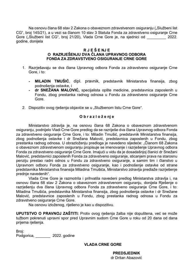 Predlog za razrješenje i imenovanje dva člana Upravnog odbora Fonda za zdravstveno osiguranje Crne Gore