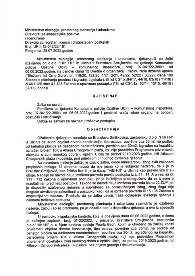 Drugostepena rješenja - UPII 12-042-22-181 DOO HILTI HILL