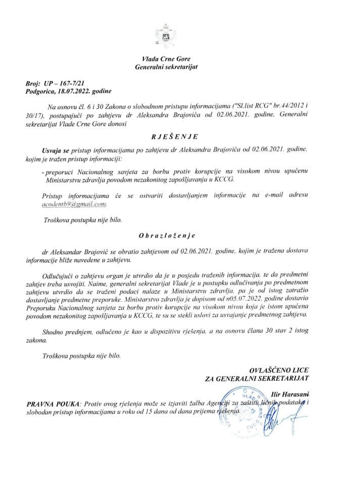 Informacija kojoj je pristup odobren po zahtjevu dr Aleksandra Brajovića od 02.06.2021. godine – UP - 167-7/21