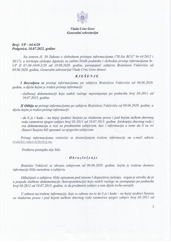 Информација којој је приступ одобрен по захтјеву Братислава Вукчевића од 09.06.2020. године – УП - 64-6/20