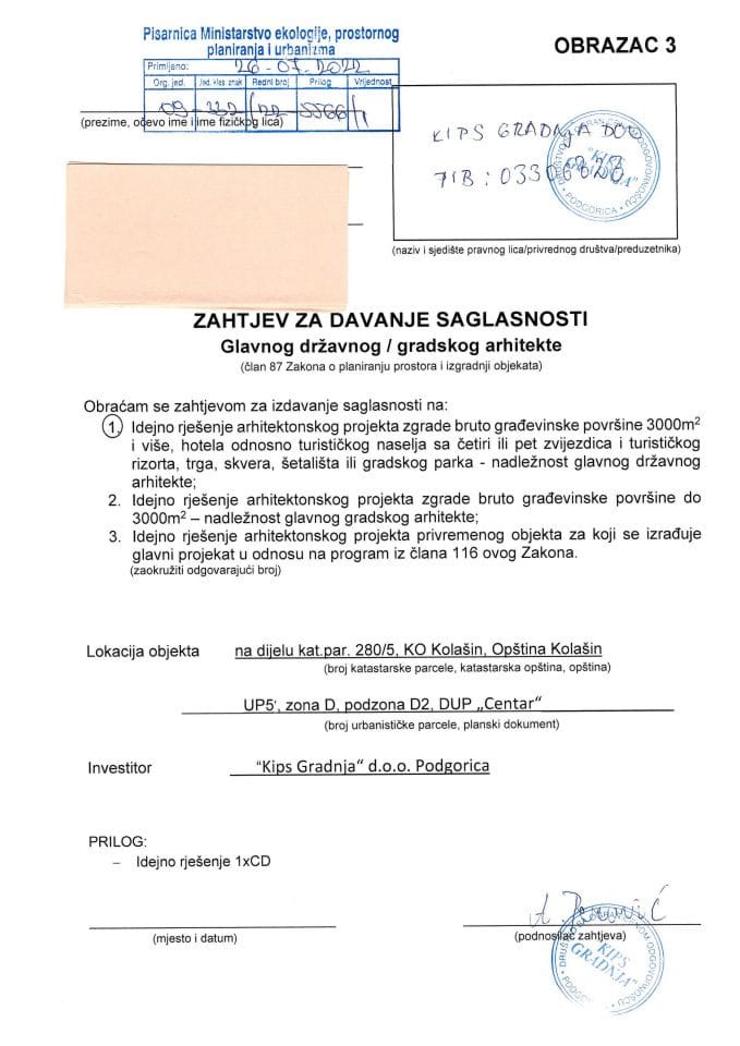 26.07.2022. - Zahtjev - KIPS GRADNJA D.O.O Podgorica - Opština Kolašin