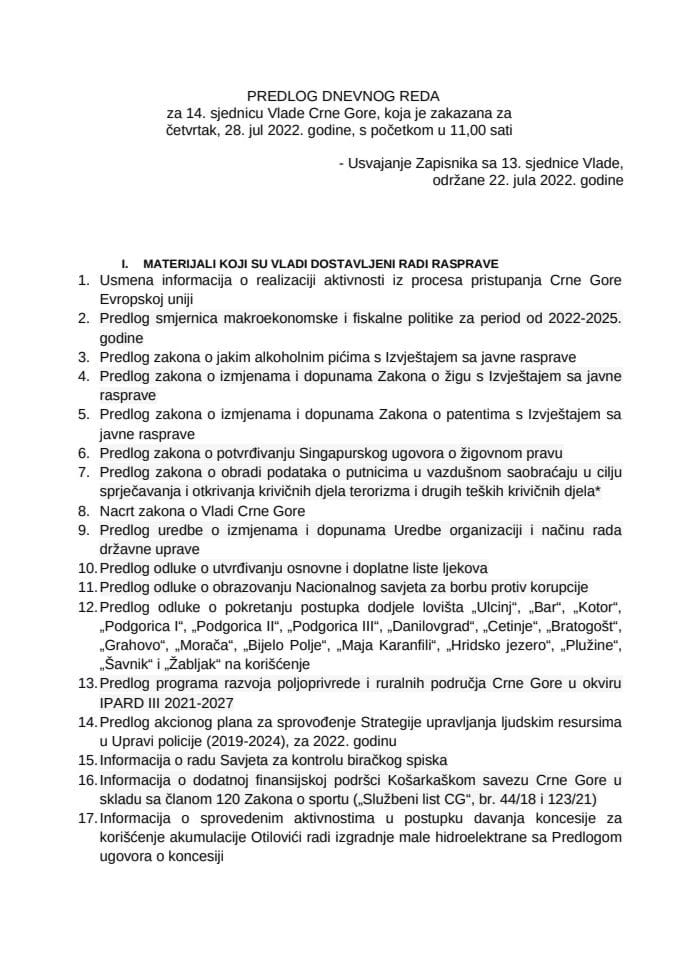 Предлог дневног реда за 14. сједницу Владе Црне Горе
