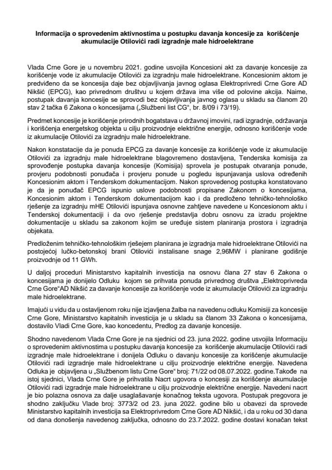 Informacija o sprovedenim aktivnostima u postupku davanja koncesije za korišćenje akumulacije Otilovići radi izgradnje male hidroelektrane sa Predlogom ugovora o koncesiji