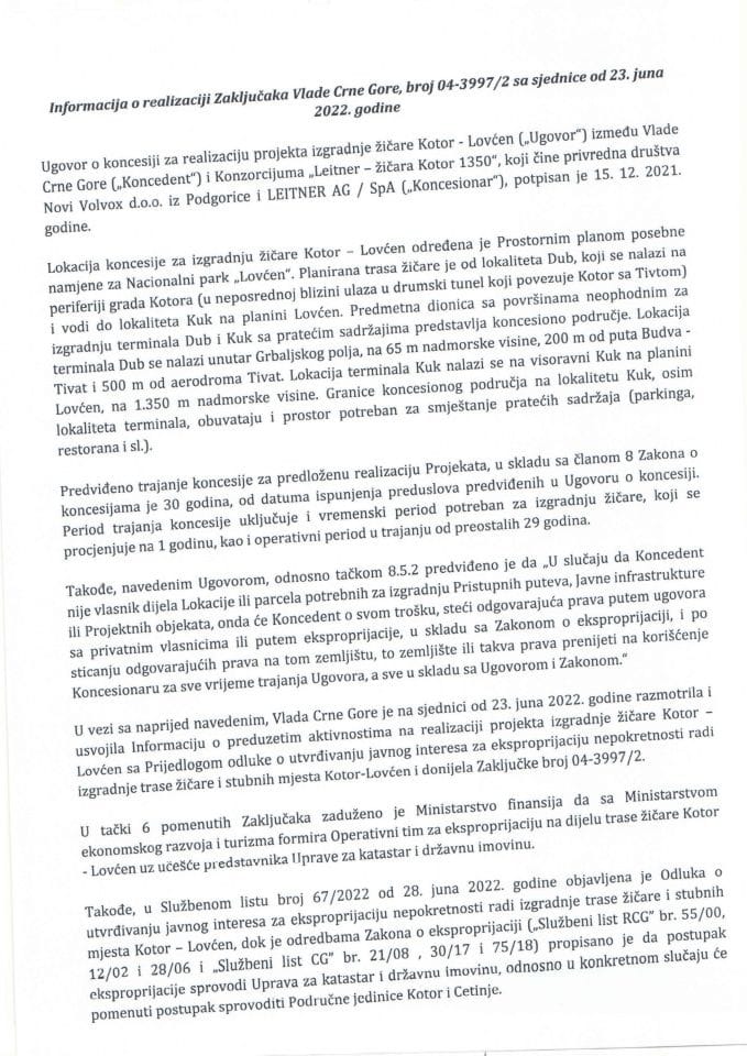 Информација о реализацији Закључака Владе Црне Горе, број: 04-3997/2, са сједнице од 23. јуна 2022. године