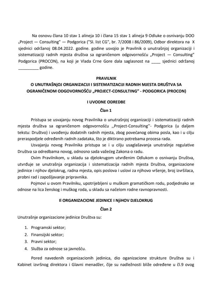 Predlog pravilnika o unutrašnjoj organizaciji i sistematizaciji radnih mjesta DOO „Project-Consulting“ – Podgorica