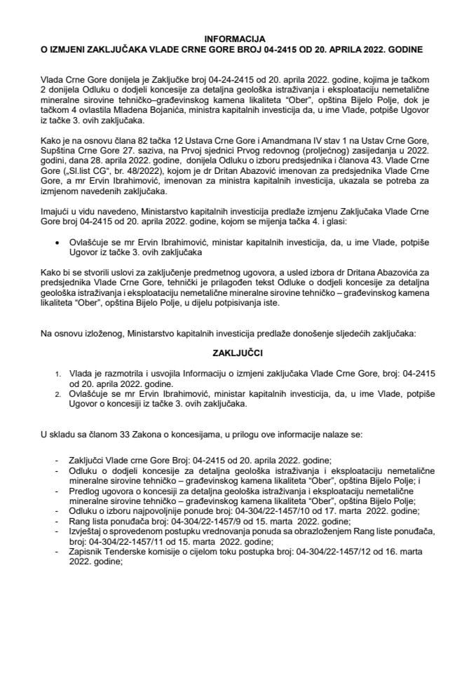 Predlog za izmjenu zaključaka Vlade Crne Gore, broj: 04-2415, od 20. aprila 2022. godine (bez rasprave)