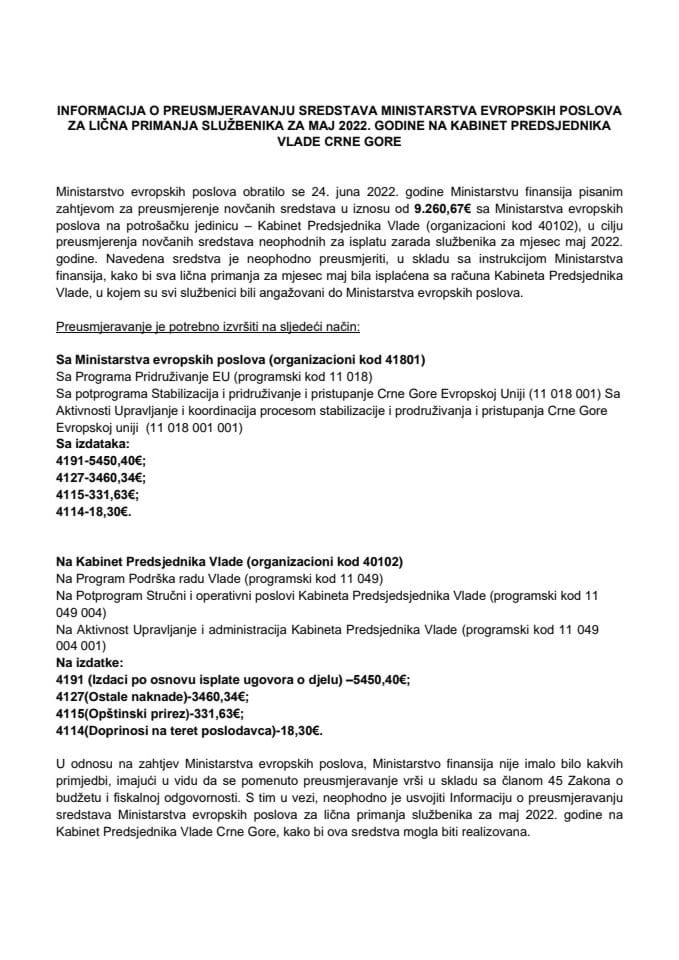 Informacija o preusmjeravanju sredstava Ministarstva evropskih poslova za lična primanja službenika za maj 2022. godine na Kabinet predsjednika Vlade Crne Gore