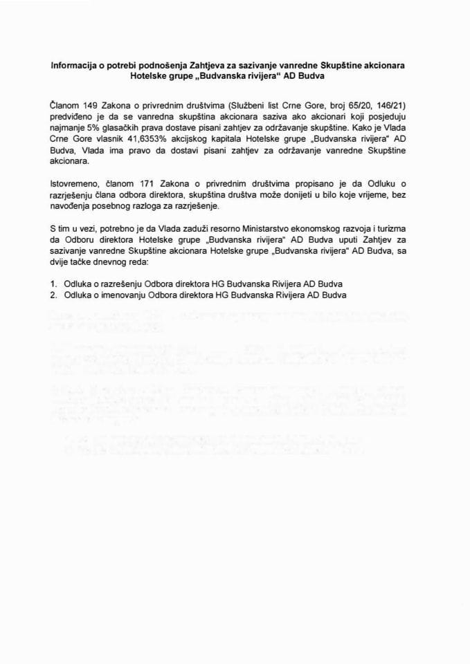 Informacija o potrebi podnošenja Zahtjeva za sazivanje vanredne Skupštine akcionara Hotelske grupe „Budvanska rivijera“ AD Budva