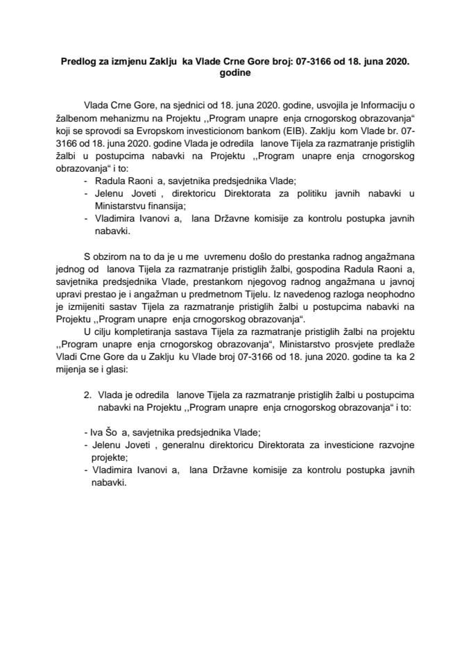 Predlog za izmjenu Zaključka Vlade Crne Gore, broj: 07-3166, od 18. juna 2020. godine