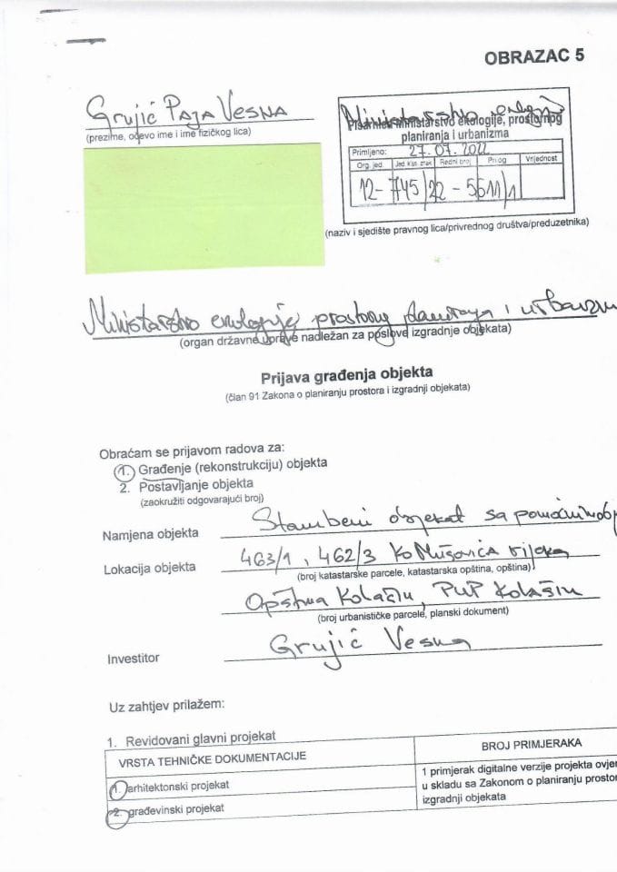 Prijava građenja objekta - 12-745-22-5611-1 GRUJIĆ VESNA