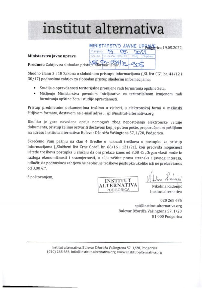 SPI-Zahtjev SPI 905 Studija opravdanosti formiranja opšttine Zeta