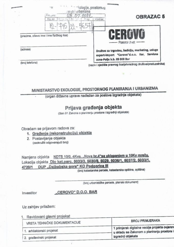 Prijava građenja objekta - 12-745-22-5657-1 CEROVO DOO