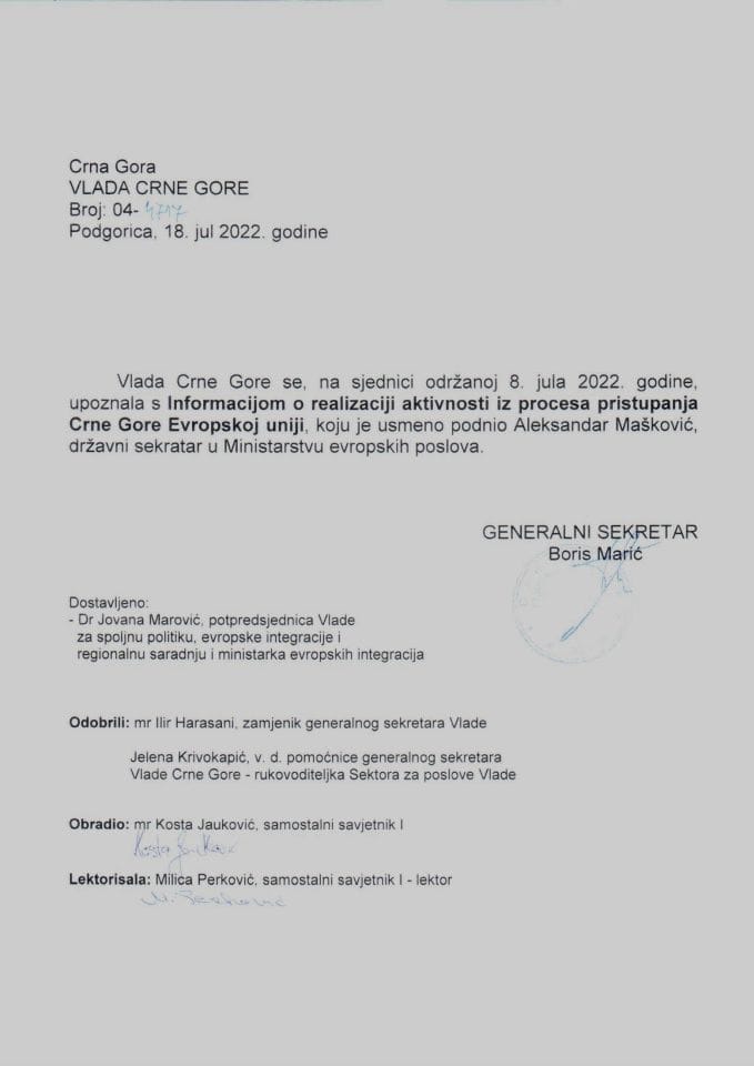 Usmena informacija o realizaciji aktivnosti iz procesa pristupanja Crne Gore Evropskoj uniji - zaključci
