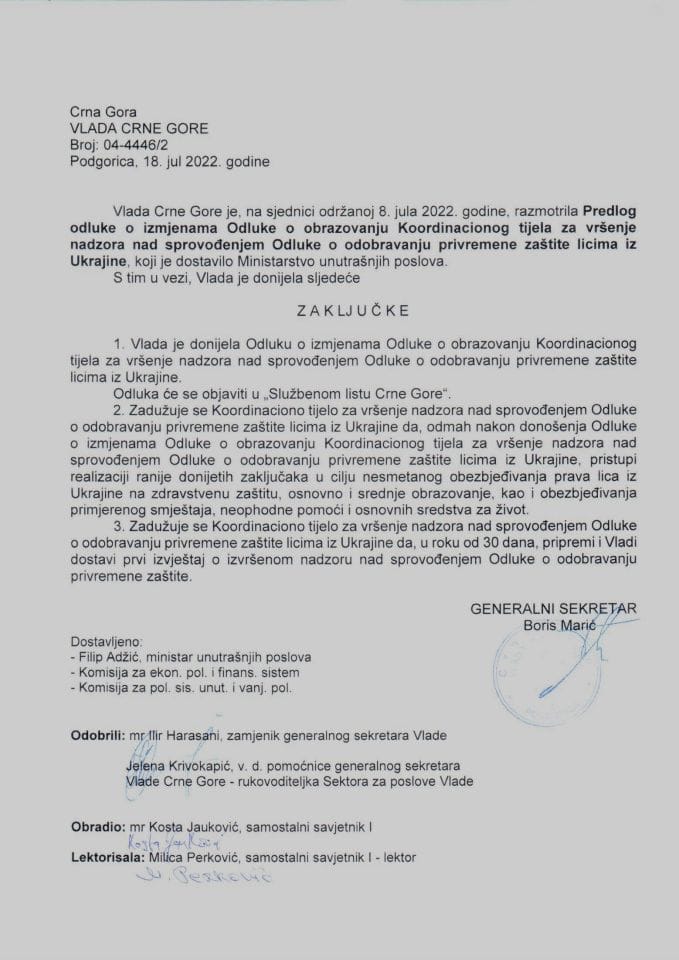 Predlog odluke o izmjenama Odluke o obrazovanju Koordinacionog tijela za vršenje nadzora nad sprovođenjem Odluke o odobravanju privremene zaštite licima iz Ukrajine - zaključci
