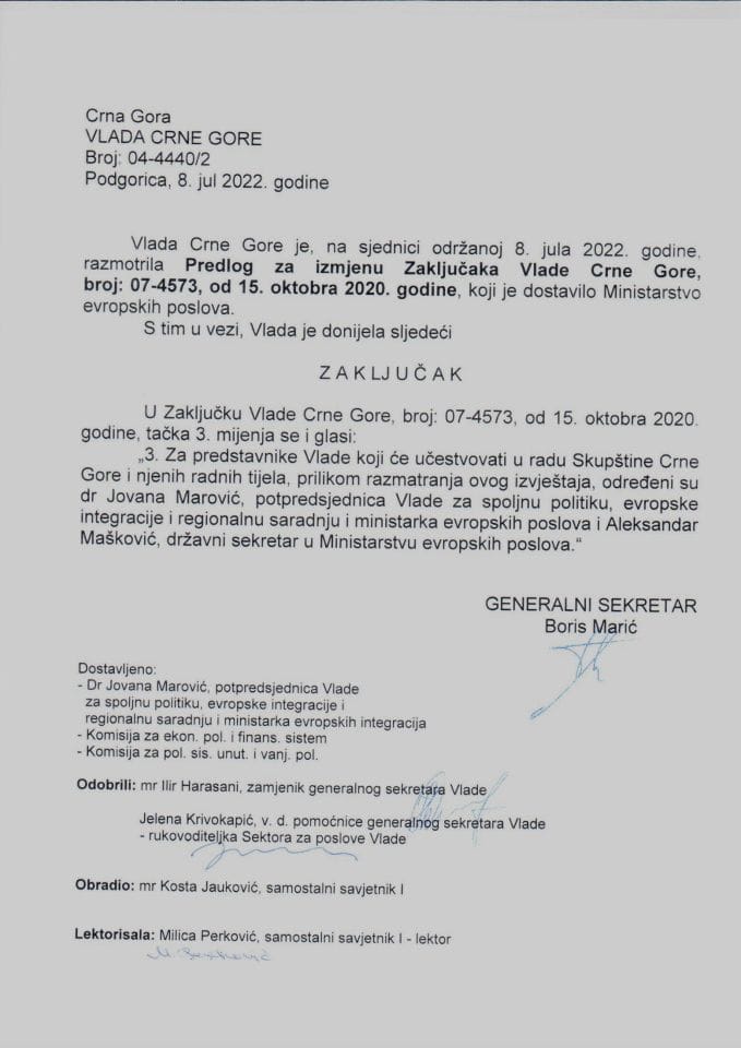 Predlog za izmjenu Zaključaka Vlade Crne Gore, broj: 07-4573, od 15. oktobra 2020. godine (bez rasprave) - zaključci