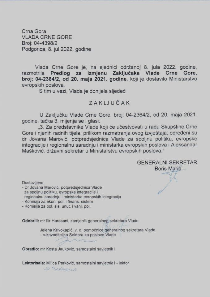 Предлог за измјену Закључака Владе Црне Горе, број: 04-2364/2, од 20. маја 2021. године (без расправе) - закључци