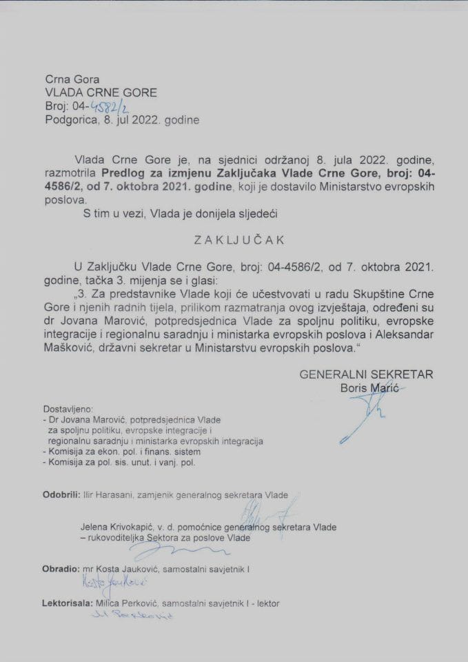 Predlog za izmjenu Zaključaka Vlade Crne Gore, broj: 04-4586/2, od 7. oktobra 2021. godine (bez rasprave) - zaključci