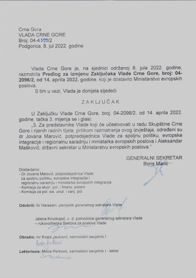 Предлог за измјену Закључака Владе Црне Горе, број: 04-2096/2, од 14. априла 2022. године (без расправе) - закључци