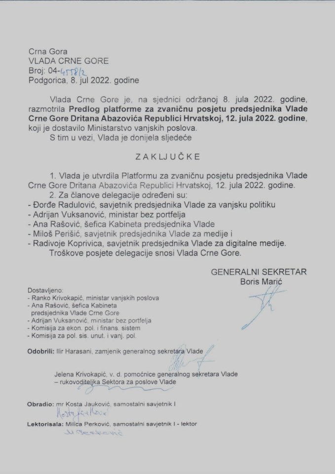 Predlog platforme za zvaničnu posjetu predsjednika Vlade Crne Gore Dritana Abazovića Republici Hrvatskoj, 12. jula 2022. godine (bez rasprave) - zaključci