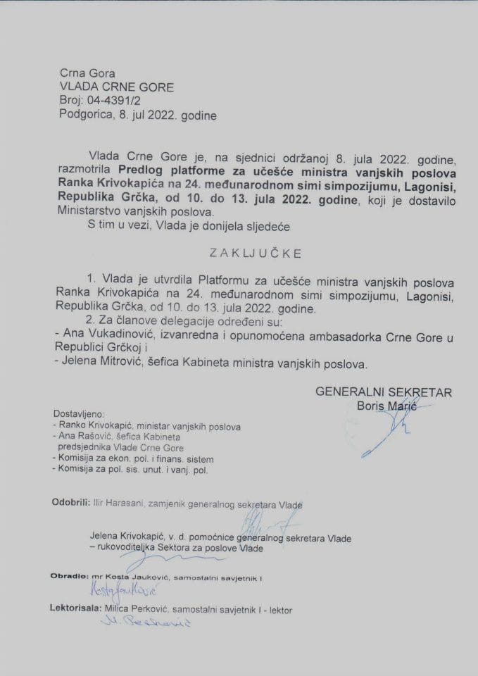Predlog platforme za učešće ministra vanjskih poslova Ranka Krivokapića na 24. Međunarodnom Simi simpozijumu, Lagonisi, Republika Grčka, od 10. do 13. jula 2022. godine (bez rasprave) - zaključci