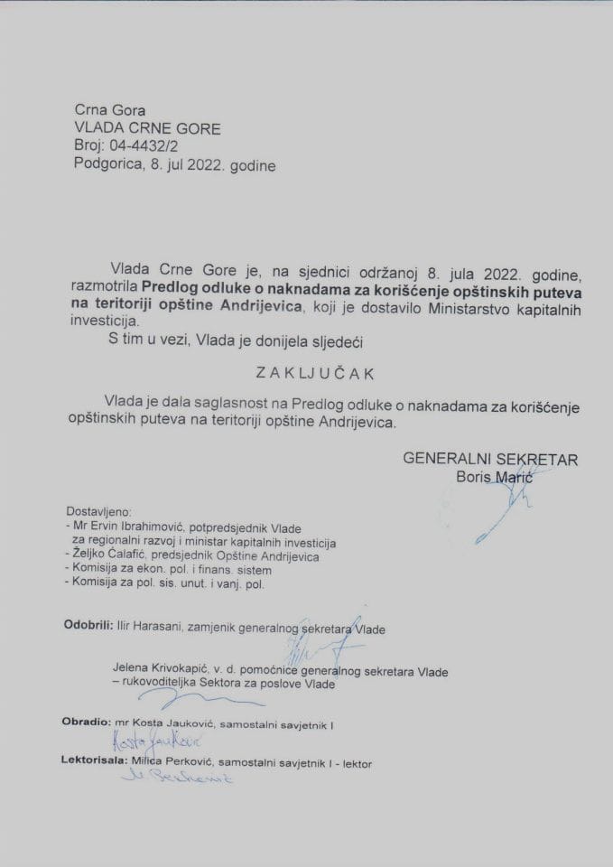 Predlog odluke o naknadama za korišćenje opštinskih puteva na teritoriji opštine Andrijevica (bez rasprave) - zaključci