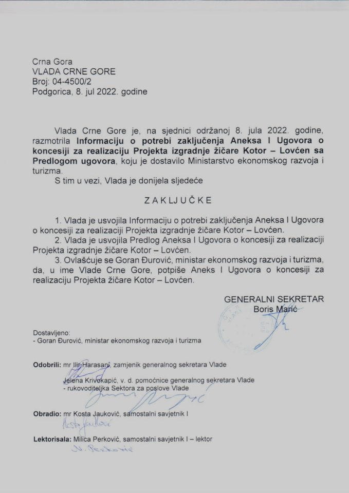 Informacija o potrebi zaključenja Aneksa I Ugovora o koncesiji za realizaciju projekta izgradnje žičare Kotor - Lovćen - zaključci