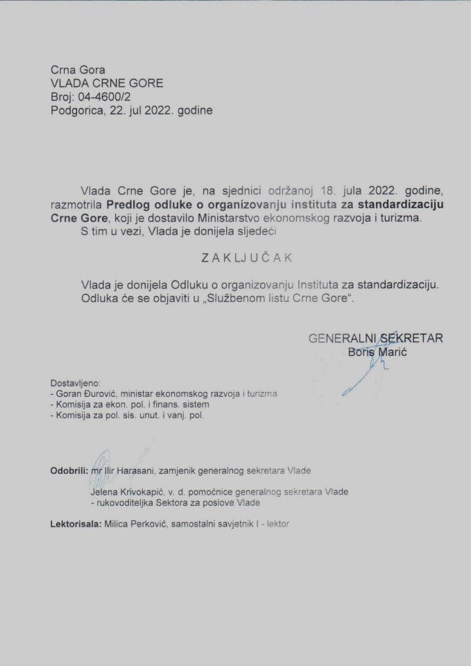Предлог одлуке о организовању Института за стандардизацију Црне Горе - закључци