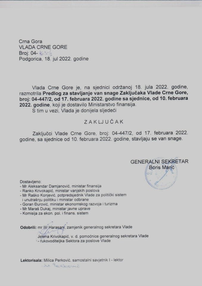 Предлог за стављање ван снаге Закључака Владе Црне Горе, број: 04-447/2, од 17. фебруара 2022. године, са сједнице од 10. фебруара 2022. године - закључци
