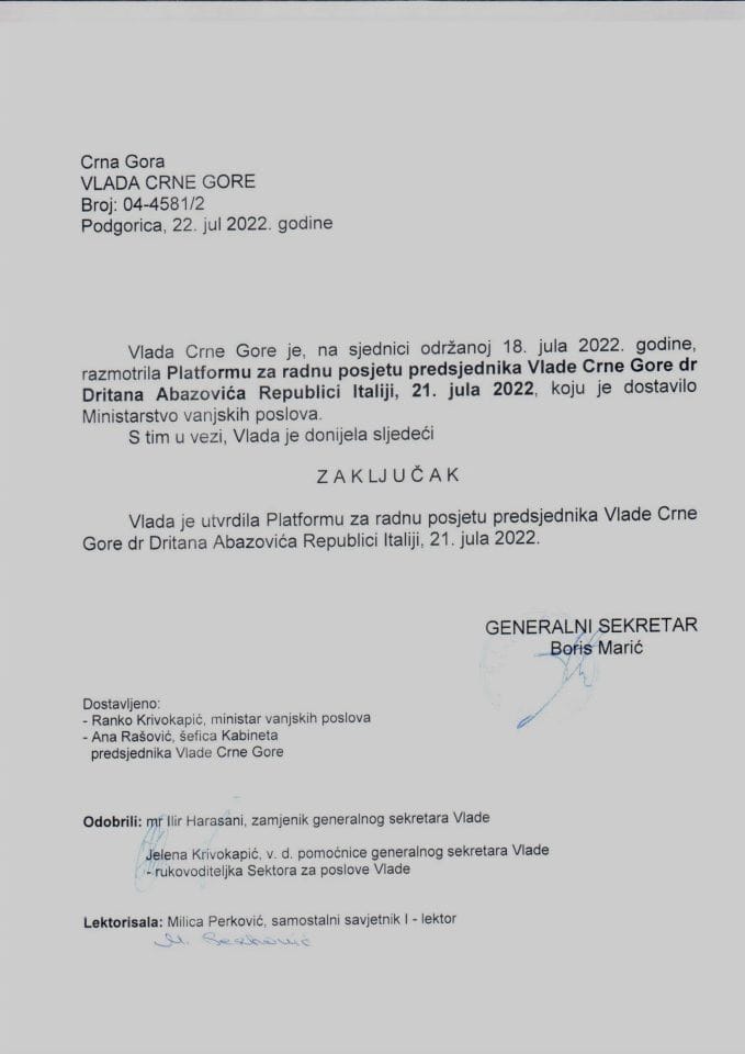 Предлог платформе за радну посјету предсједника Владе Црне Горе др Дритана Абазовића Републици Италији, 21. јула 2022. године (без расправе) - закључци