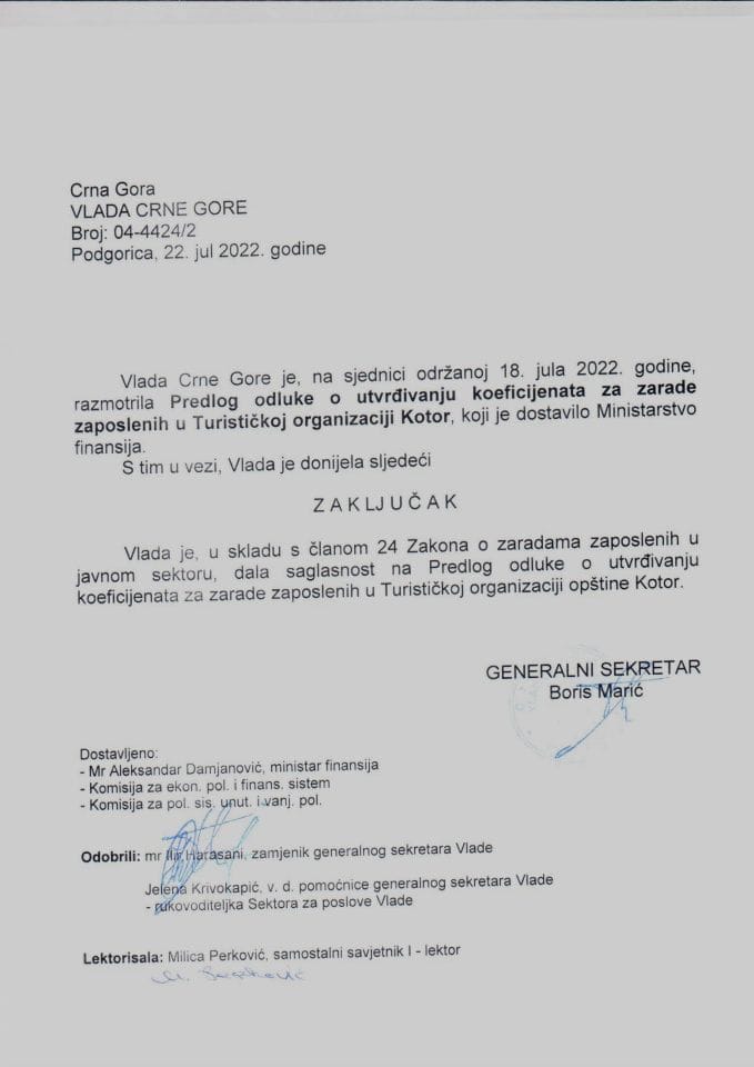 Predlog odluke o utvrđivanju koeficijenata za zarade zaposlenih u Turističkoj organizaciji opštine Kotor (bez rasprave) - zaključci