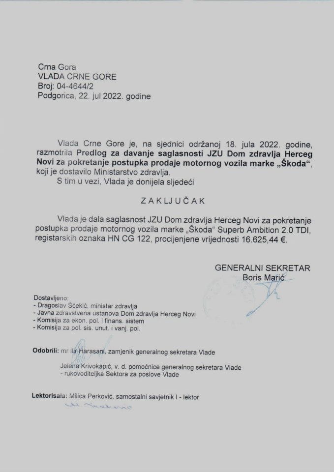 Predlog za davanje saglasnosti JZU Dom zdravlja Herceg Novi za pokretanje postupka prodaje motornog vozila marke „Škoda“ (bez rasprave) - zaključci