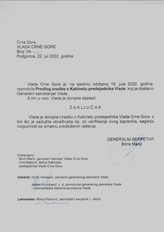 Predlog uredbe o Kabinetu predsjednika Vlade Crne Gore - zaključci