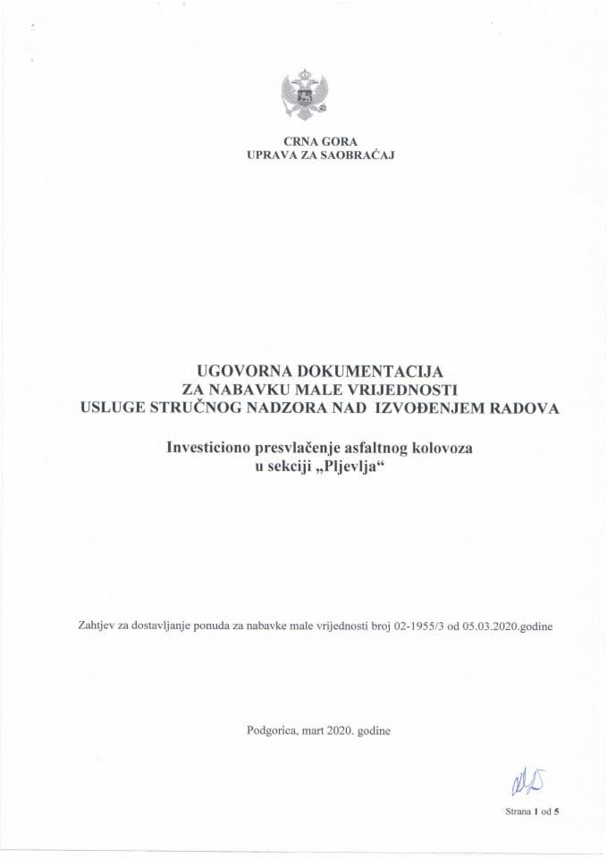 Ugovor male vrijednosti - stručni nadzor investiciono sekcija Pljevlja