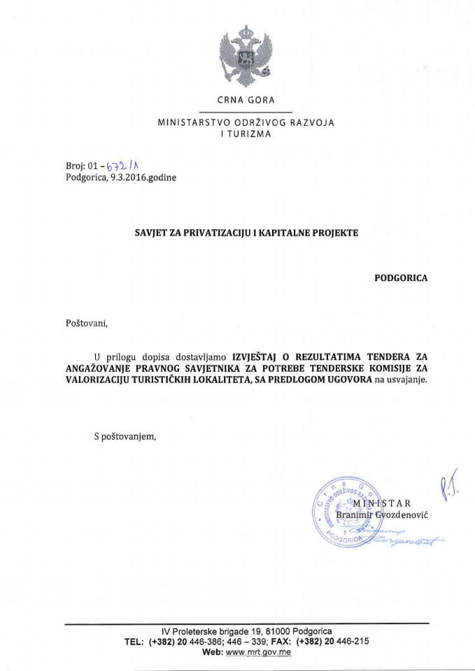 Predlog ugovora o pružanju usluga pravnog savjetnika za potrebe Tenderske komisije za valorizaciju turističkih lokaliteta