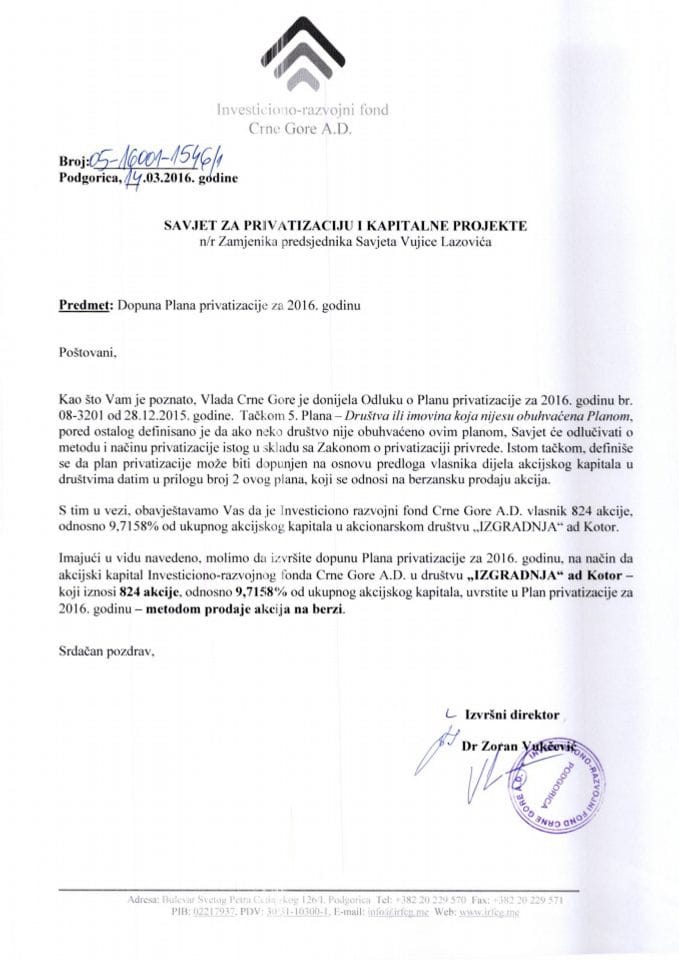 Predlog IRFCG za dopunu Odluke o planu privatizacije za 2016. godine