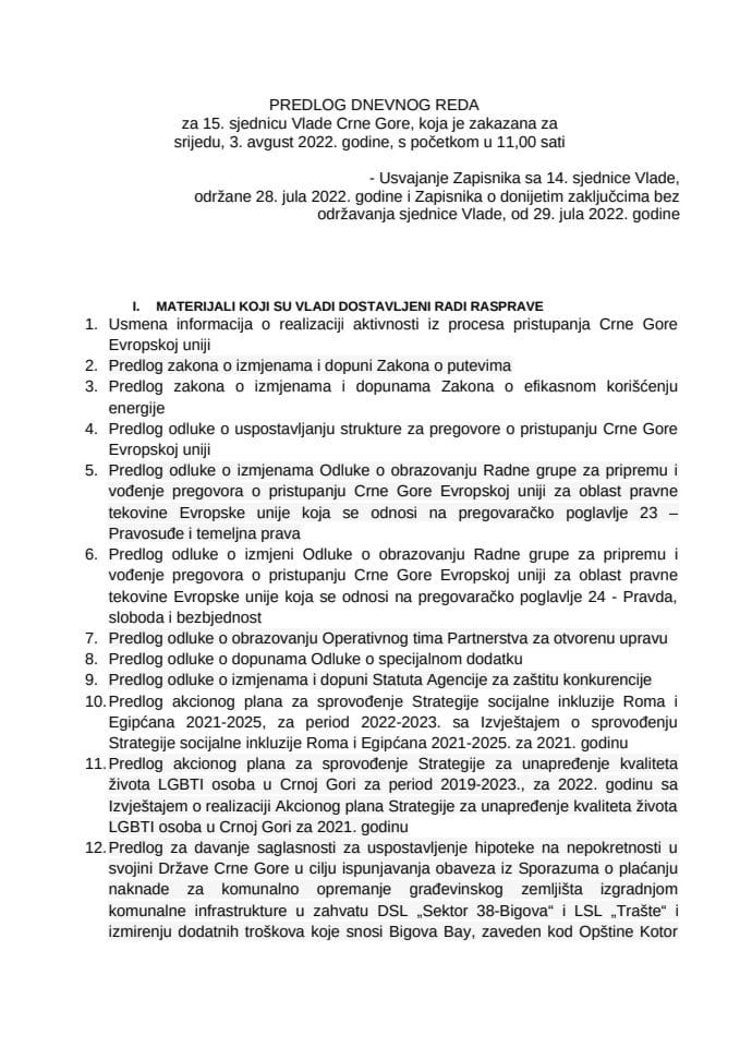 Предлог дневног реда за 15. сједницу Владе Црне Горе