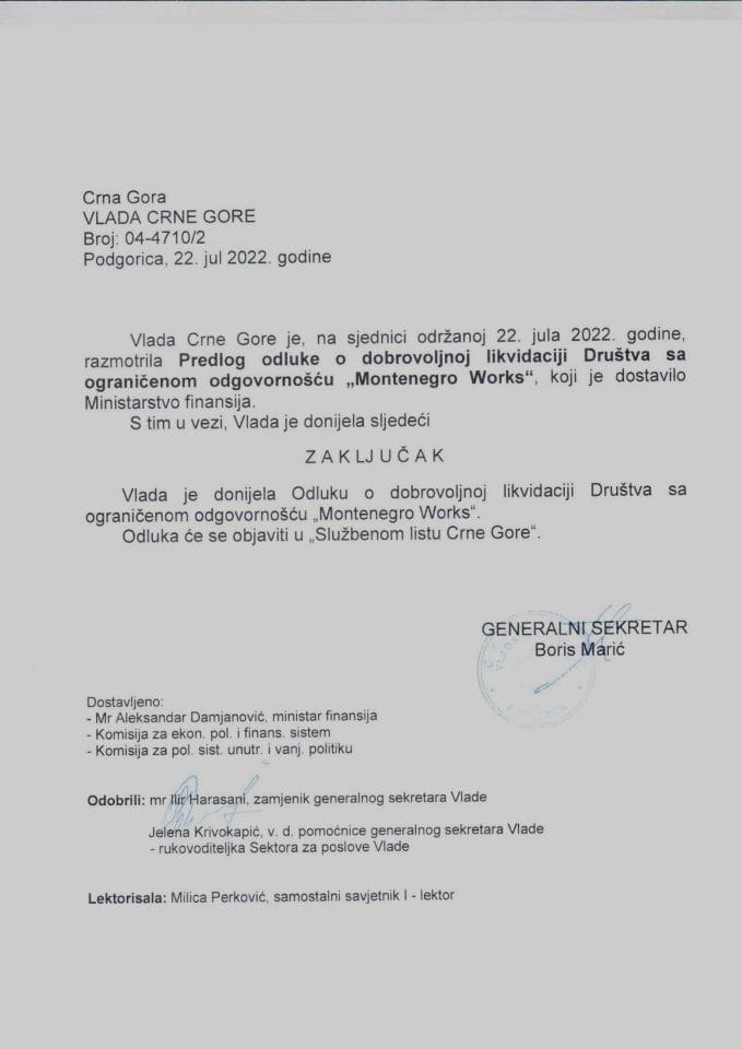 Предлог одлуке о добровољној ликвидацији Друштва са ограниченом одговорношћу "Montenegro Works" - закључци