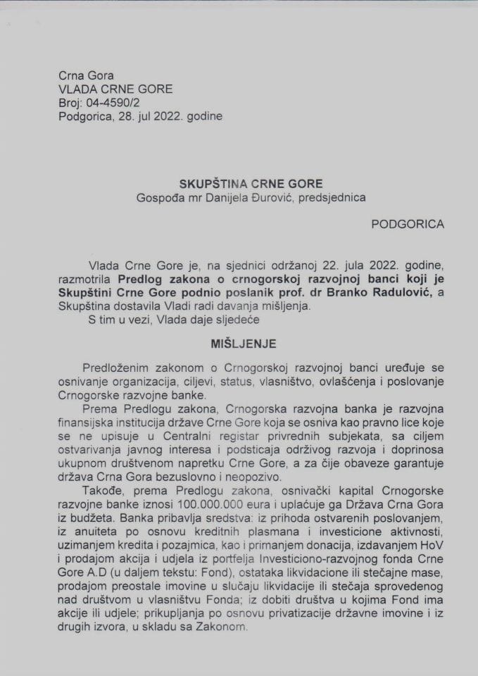 Predlog mišljenja na Predlog zakona o Crnogorskoj razvojnoj banci (predlagač poslanik prof. dr Branko Radulović) - zaključci