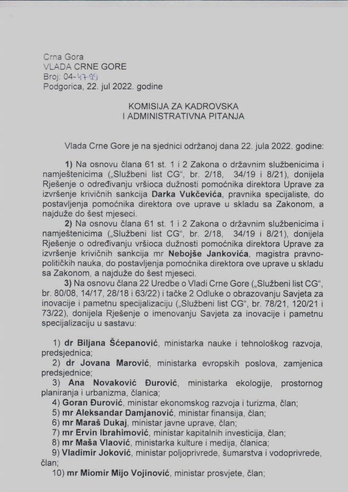 Kadrovska pitanja sa 13. sjednice Vlade Crne Gore - zaključci