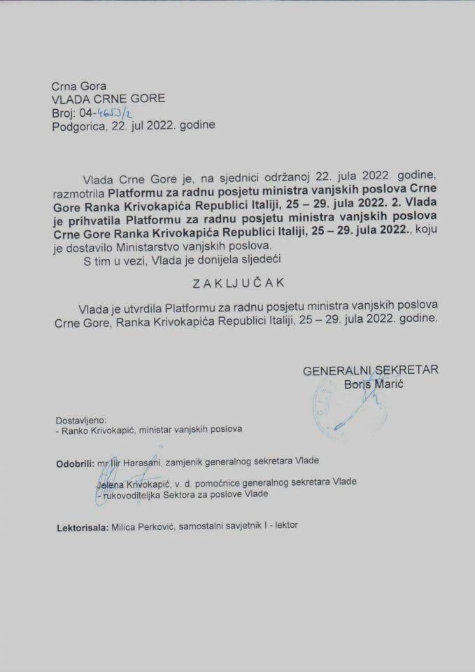 Predlog platforme za radnu posjetu ministra vanjskih poslova Crne Gore Ranka Krivokapića Republici Italiji, 25 – 29. jula 2022. godine - zaključci
