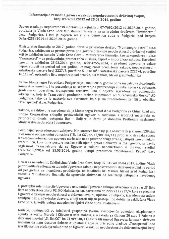 Информација о раскиду Уговора о закупу непокретности у државној својини, број 07-7692/2012 од 25.03.2014. године