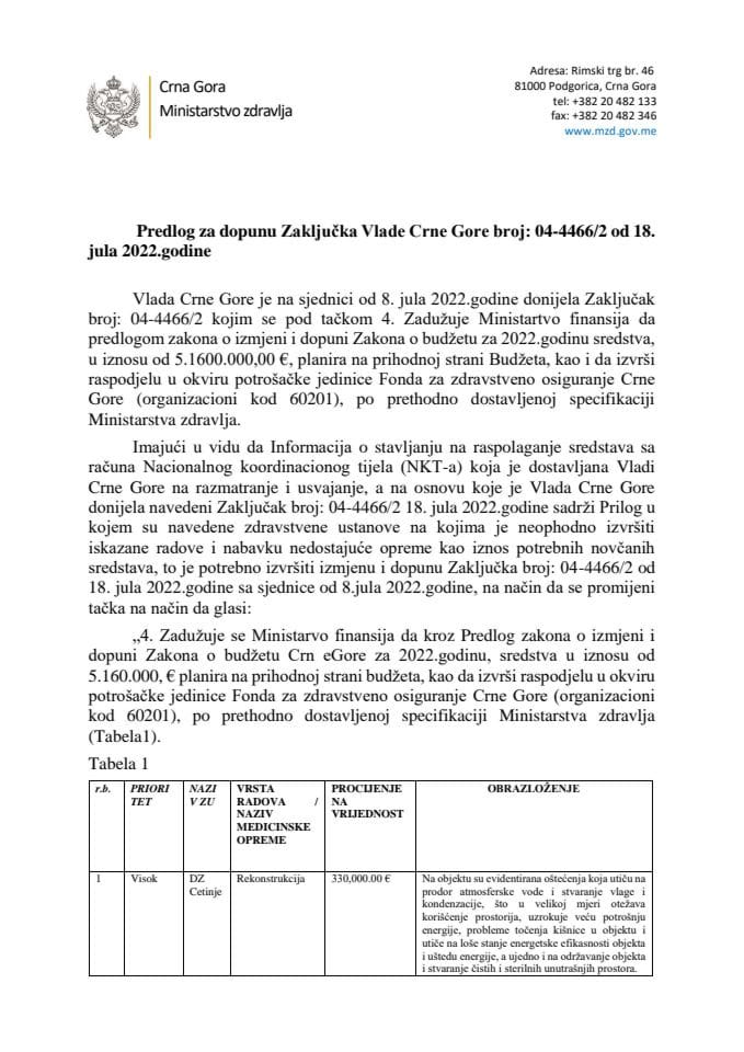 Predlog za dopunu Zaključka Vlade Crne Gore, broj: 04-4466/2, od 18. jula 2022. godine, sa sjednice od 8. jula 2022. godine (bez rasprave)