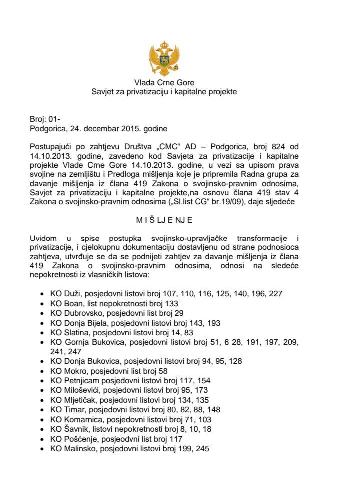 Predlog mišljenja za pretvaranje prava korišćenja u pravo svojine, za privredno društvo: „CMC“ AD – Podgorica