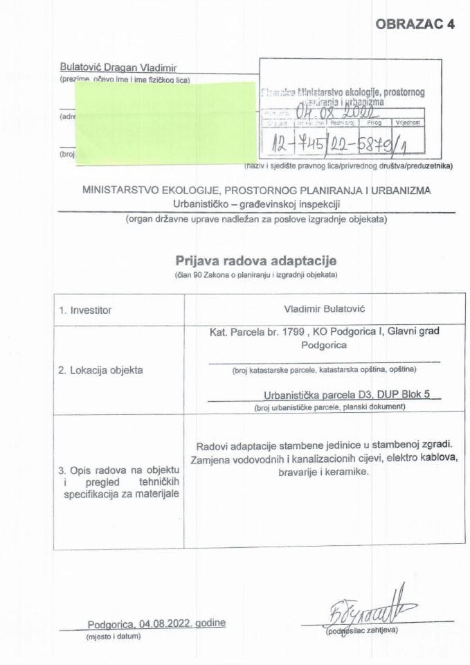 Prijava radova adaptacije - 12-745-22-5879-1 Vladimir Bulatović