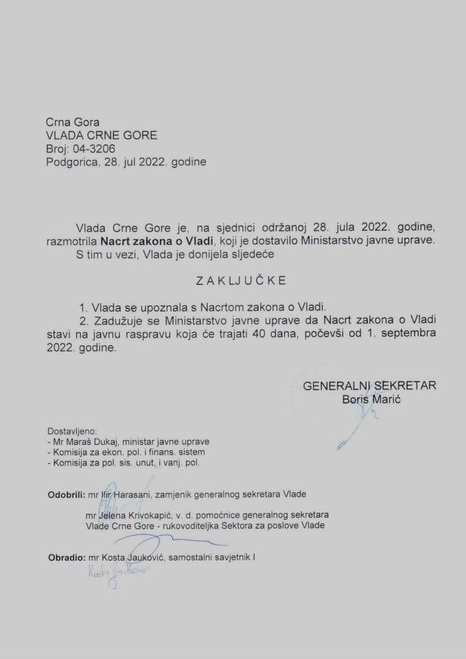 Нацрт закона о Влади Црне Горе - закључци