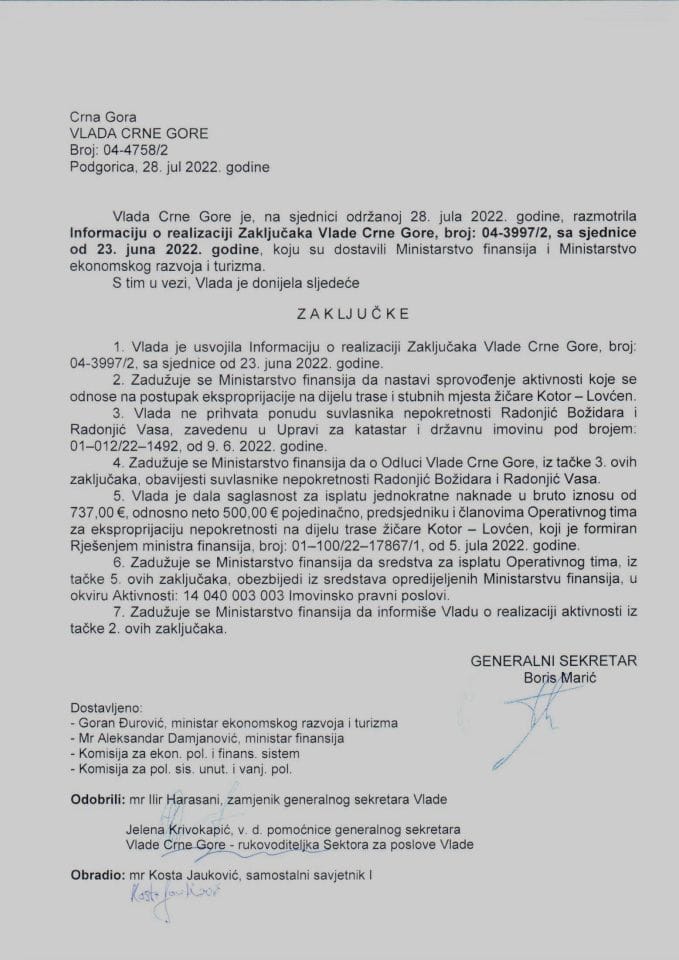 Информација о реализацији Закључака Владе Црне Горе, број: 04-3997/2, са сједнице од 23. јуна 2022. године - закључци