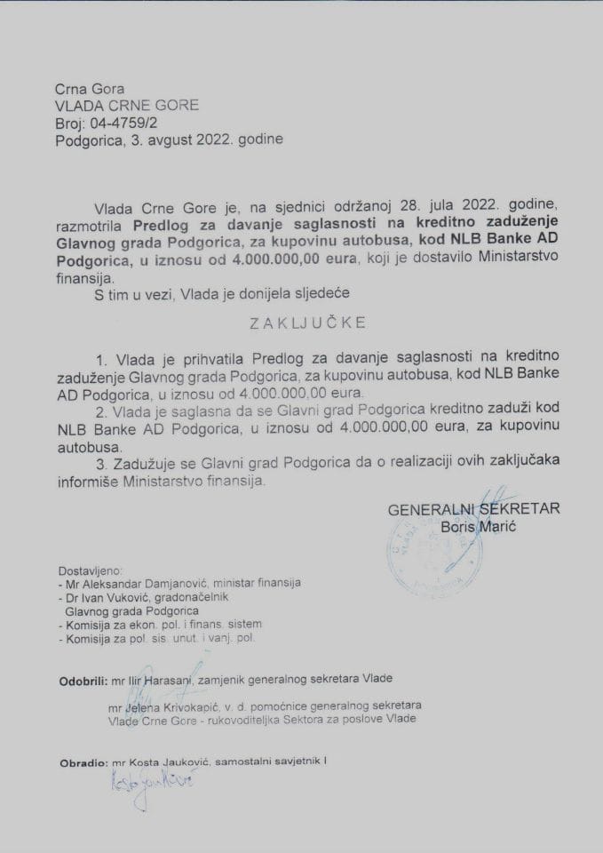 Предлог за давање сагласности на кредитно задужење Главног града Подгорица, за куповину аутобуса, код NLB банке АД Подгорица, у износу од 4.000.000,00 еура - закључци