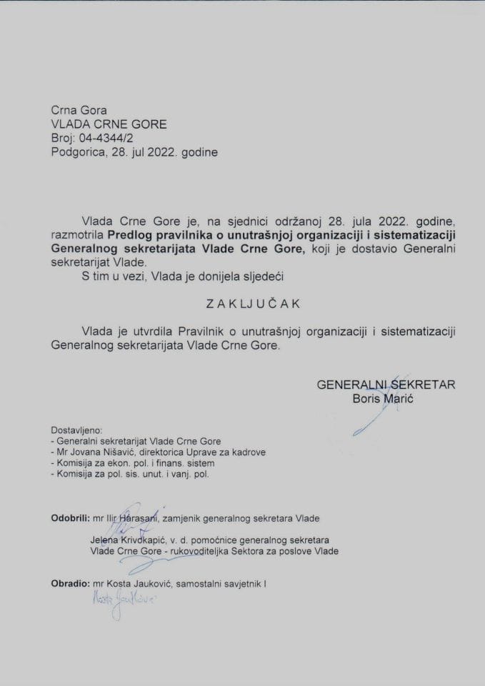 Предлог правилника о унутрашњој организацији и систематизацији Генералног секретаријата Владе Црне Горе - закључци