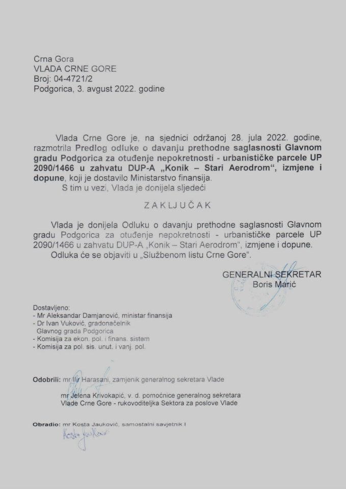 Predlog odluke o davanju prethodne saglasnosti Glavnom gradu Podgorica za otuđenje nepokretnosti - urbanističke parcele UP 2090/1466 u zahvatu DUP-A „Konik – Stari Aerodrom”, izmjene i dopune (bez rasprave) - zaključci