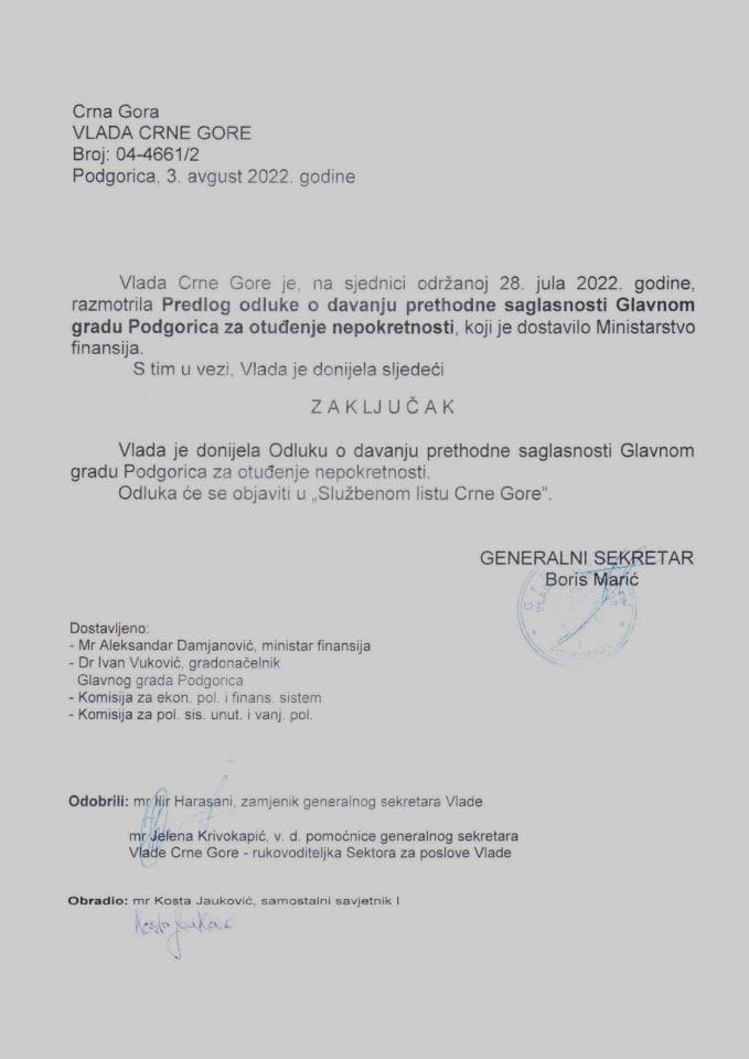 Predlog odluke o davanju prethodne saglasnosti Glavnom gradu Podgorica za otuđenje nepokretnosti (bez rasprave) - zaključci